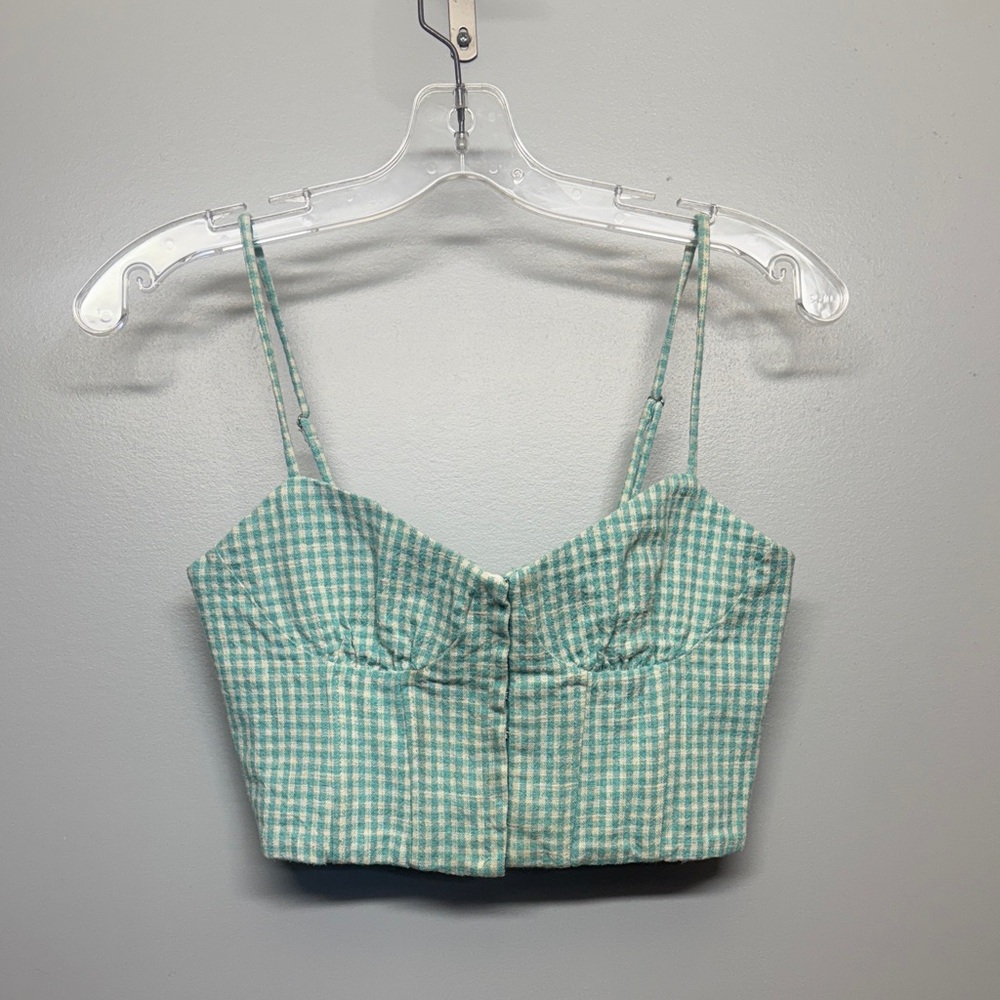 Zara Mint and Cream Gingham Front Clip Smocked Crop Top